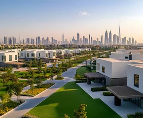 Modern community living showcasing minimalist architecture against the backdrop of the iconic Dubai skyline at sunset, reflecting urban elegance