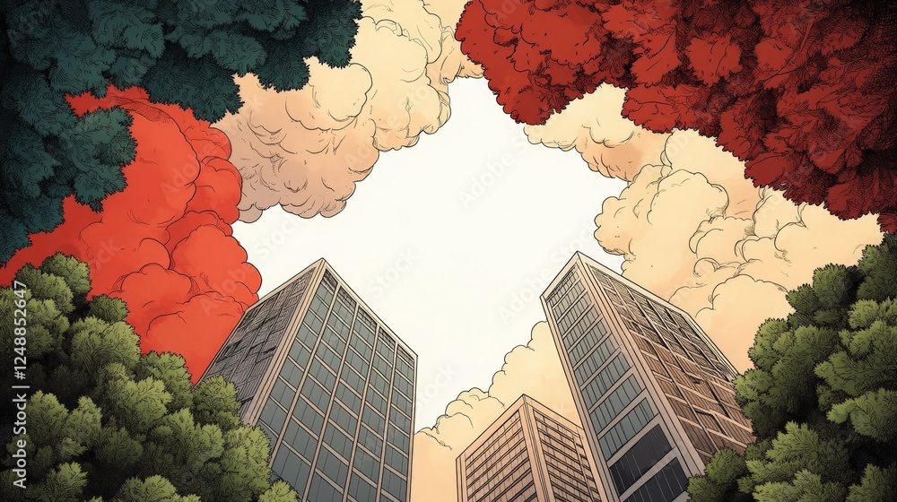 Poster abstract view of contemporary skyscrapers surrounded by colorful clouds and lush trees in a unique p
