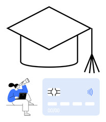 Large graduation cap, credit card with contactless icon, person using laptop and telescope. Ideal for financial aid, student loans, budgeting, scholarships, online education, career planning