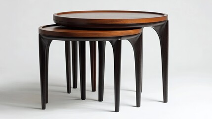 Fototapeta premium Elegant nesting tables showcasing dark wooden craftsmanship on white backdrop
