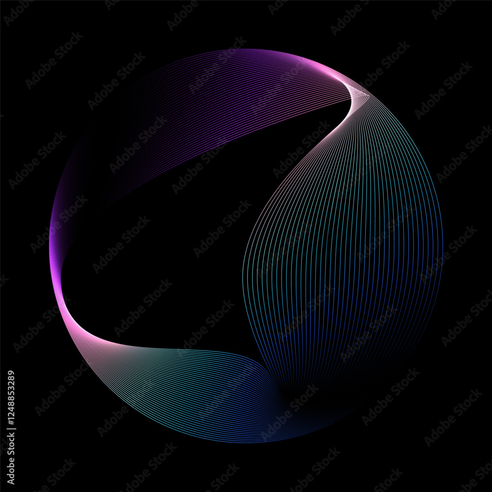 Aufkleber Abstract vector round shape of wavy lines flowing smooth curve colorful spectrum light on black background in concept of technology, science, music, modern.