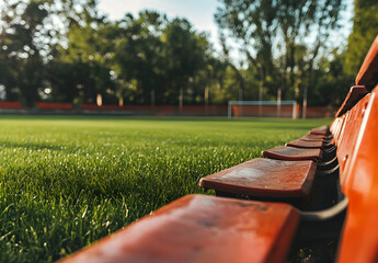 Empty Stadium Seats Overlooking a Lush Green Soccer Field Beckoning a Crowd, Ready for the Energetic Anticipation of an Upcoming Match