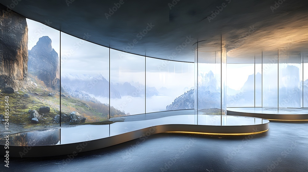 Poster virtual creation displayed on a sleek screen in a curved room with a stunning view of a mountain lan