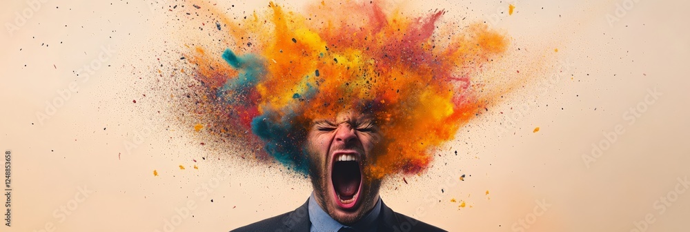 Poster Stressed businessman screaming with colorful powder exploding from his head, representing information overload, burnout, migraine, and mental health issues