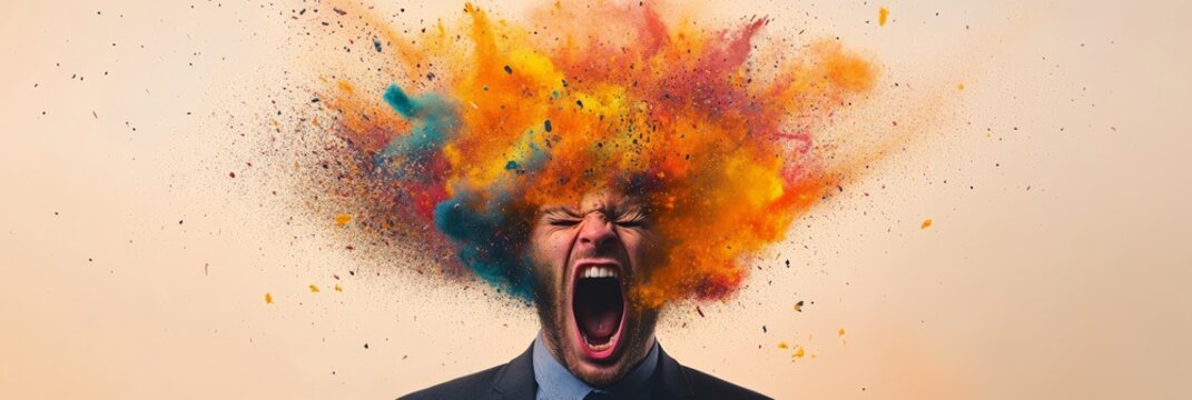 Stressed businessman screaming with colorful powder exploding from his head, representing information overload, burnout, migraine, and mental health issues