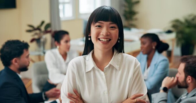 Happy, crossed arms and face of businesswoman in office for meeting with finance profit for company. Confident, portrait of female financial consultant manager with pride for accounting career.