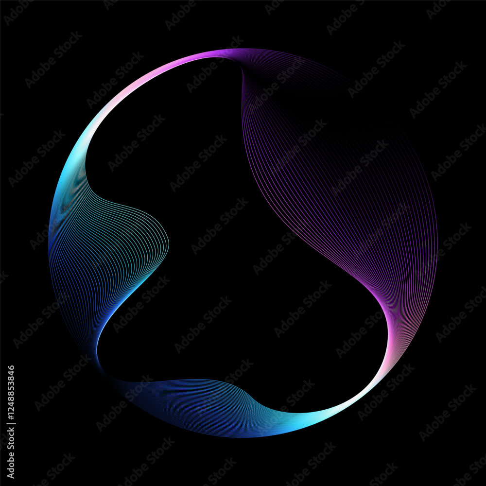 Poster Abstract vector round shape of wavy lines flowing smooth curve colorful spectrum light on black background in concept of technology, science, music, modern.