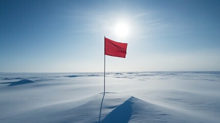 Solitary red flag on a snow dune under bright sky in frozen landscape