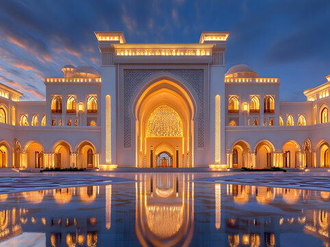 Architectural grandeur and serene reflection, A majestic palace illuminated at twilight, inviting awe and capturing the essence of sophisticated design