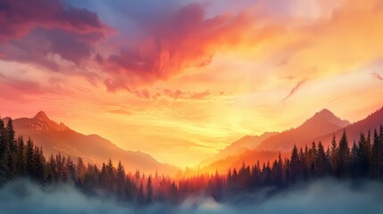 Obraz premium Vibrant Sunset Over Evergreen Landscape Transforming Nature's Colors in a Majestic Wilderness View