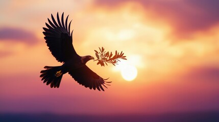 Fototapeta premium Bald eagle carrying an olive branch in its beak against a serene sky
