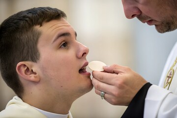 A close-up of a priest&rsquo;s fingers gently placing a communion wafer on a believer&rsquo;s tongue