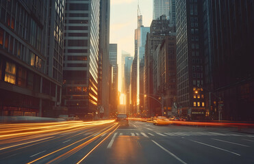 Obraz premium Urban dynamism, Golden hour illuminates city street with light trails, capturing the essence of modern metropolis architectural splendor