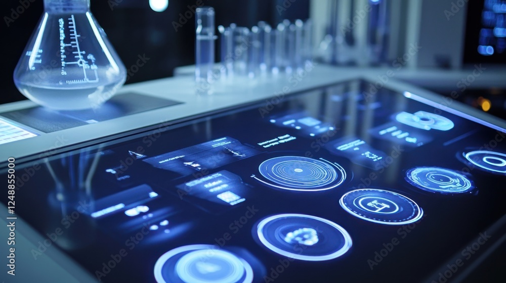 Poster high tech laboratory interface displaying digital data and scientific analysis. futuristic design wi