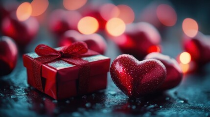 Red gift box with hearts and bokeh lights.