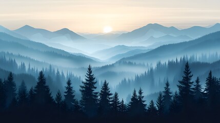 Fototapeta premium Vector-illustrated landscape in soft pastel tones showcasing serene mountains trees and a peaceful natural environment