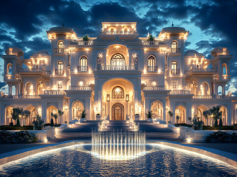 Magnificent illuminated mansion facade with a cascading fountain under a dramatic twilight sky creates a scene of opulent architectural splendor - Powered by Adobe