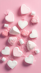Fototapeta premium Valentine's Day background with pink and white hearts, marshmallows on the top of it