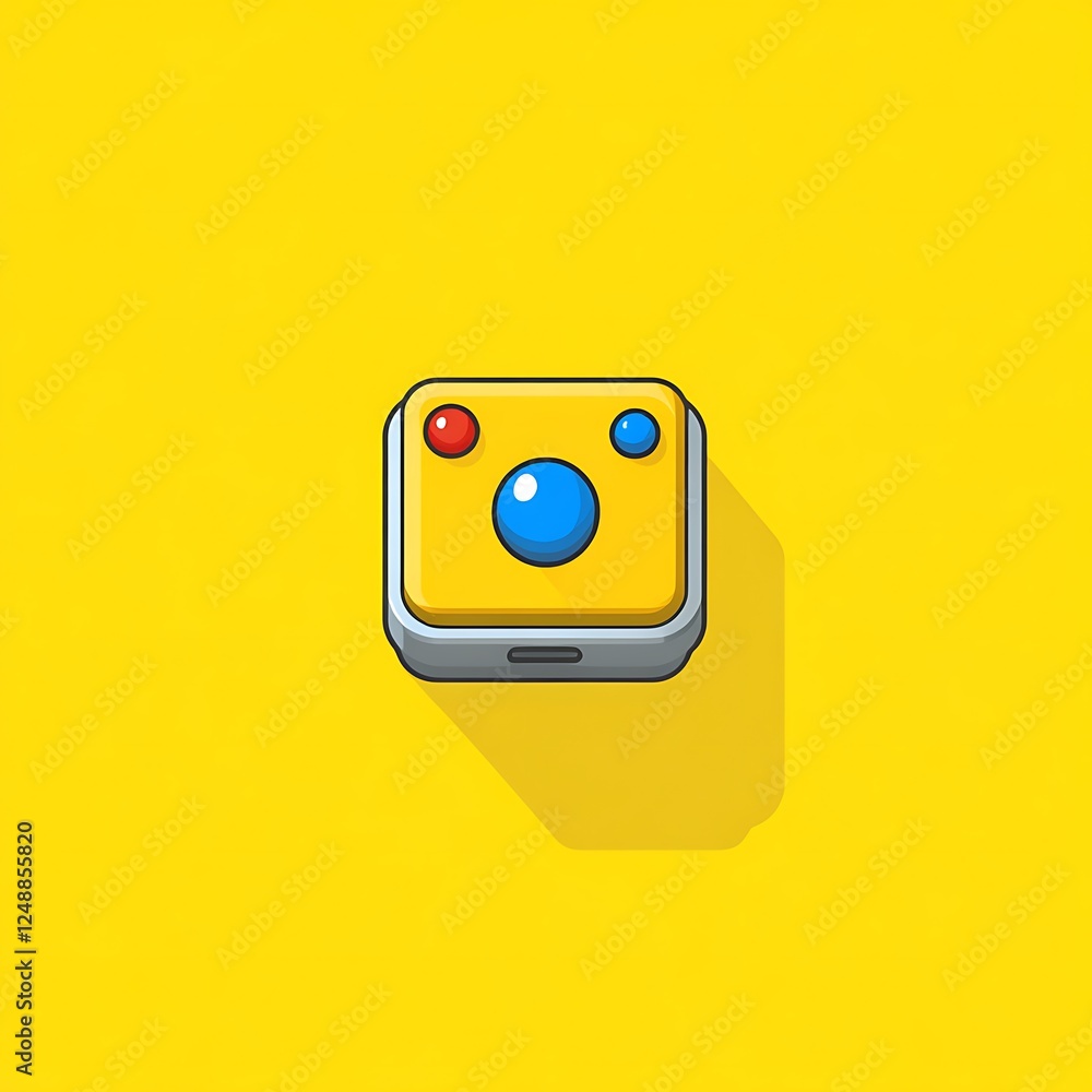 Poster a colorful illustrated image of a simplified camera icon on yellow background with soft shadows