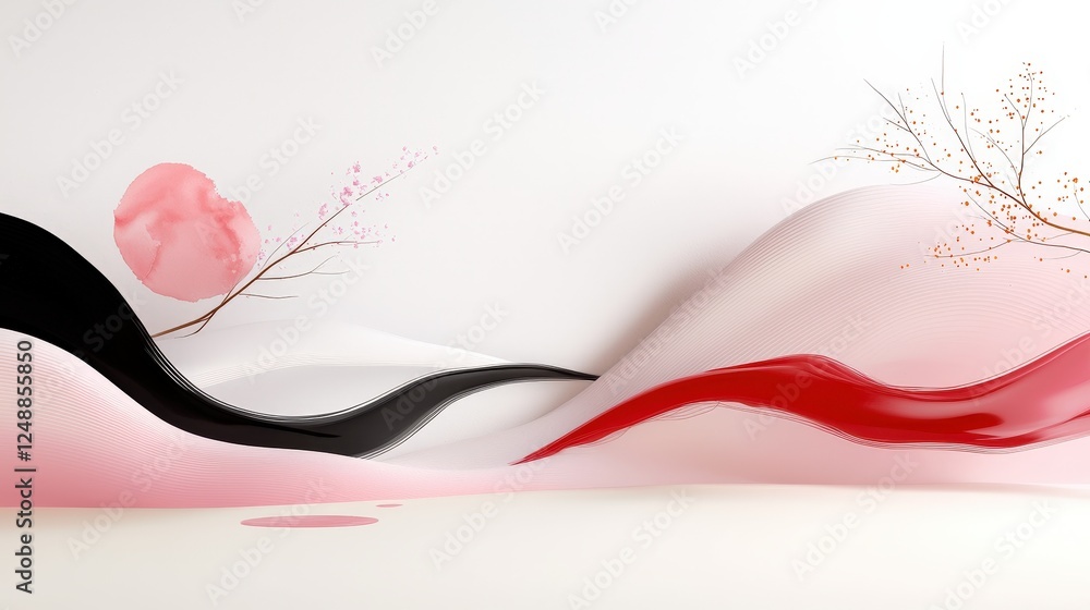 Poster abstract artistic representation of fluid waves in soft tones with branches and circular accents for