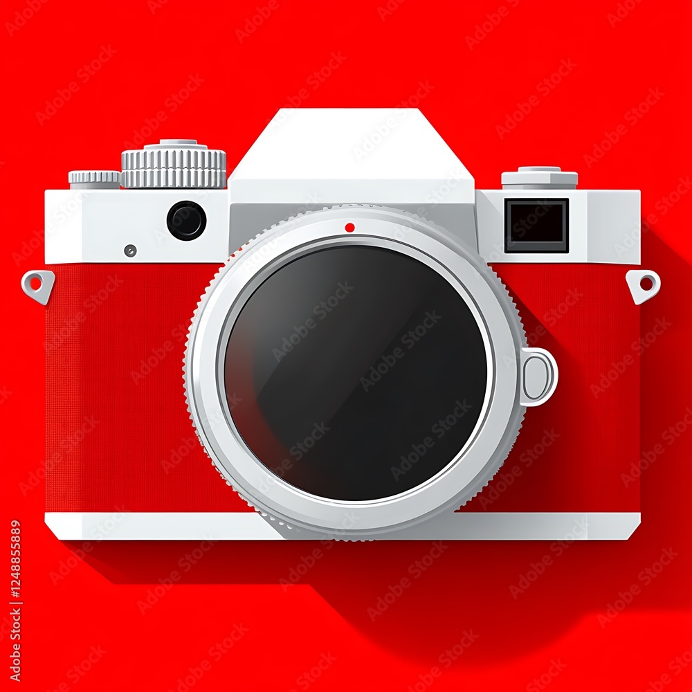 Poster red and white retro camera illustration on a solid red background with subtle shadows