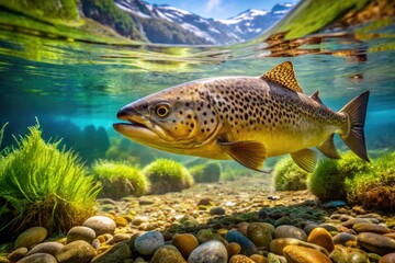 Stunning underwater images capture Salmo Trutta, brown trout, thriving in their natural riverbed habitat.