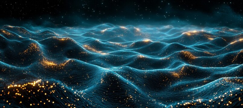 Abstract Data Visualization, Vivid Turquoise Graph Line, Golden Connected Nodes, Electronic Network - Powered by Adobe