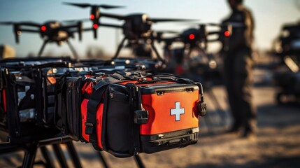 Fototapeta premium Emergency drones equipped with medical kits are ready for deployment. These advanced devices are crucial for delivering urgent care supplies to remote or inaccessible locations efficiently