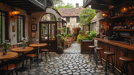 Fototapeta premium Cobblestone courtyard cafe, bistro tables, garden view, evening ambiance, restaurant menu