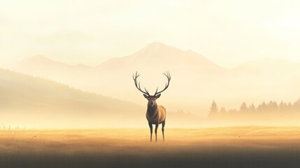 Fototapeta premium Majestic deer with large antlers standing in a misty valley at sunrise, with mountains and forest in the background, creating a serene and awe inspiring natural landscape