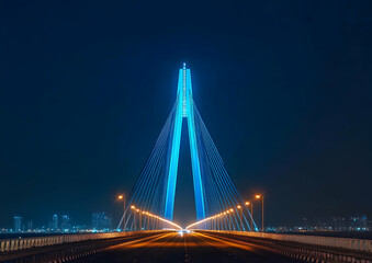 Obraz premium Illuminated Bandra Worli Sea Link at Twilight, An Architectural Marvel Connecting Mumbai's Skyline under a Dark Blue Sky