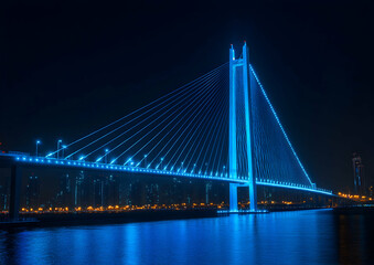 Fototapeta premium Illuminated cable-stayed bridge at night, a symphony of blue lights reflecting on the tranquil waters of the river, showcasing architectural marvels