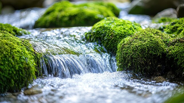 Clear water creek cascading over mossy rocks. - Powered by Adobe