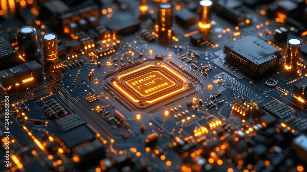 Poster Glowing CPU on circuit board, technology background, data processing