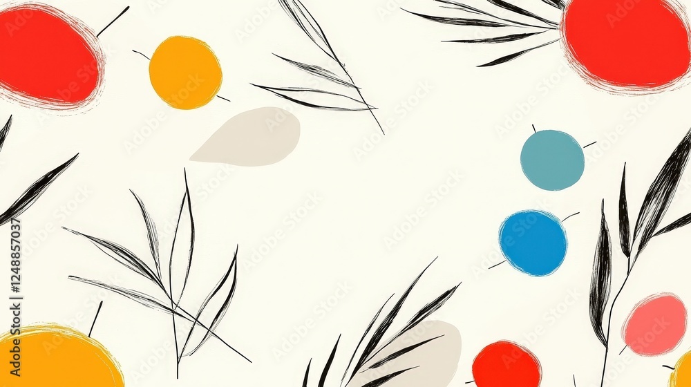 Poster abstract pattern with colorful shapes and delicate leaves on a light background for creative design 