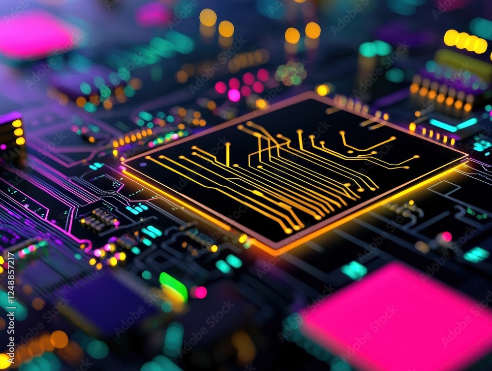 Poster abstract colorful circuit board design with bright neon lights and high-tech digital components