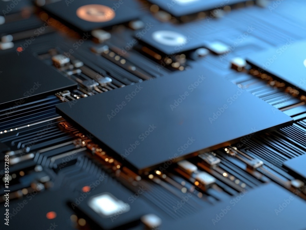 Poster abstract close-up of a circuit board with microchips and electrical connections in a technological e