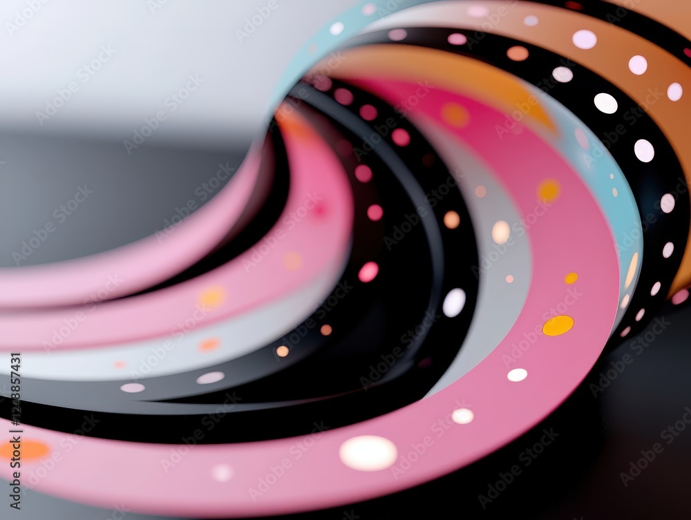 Poster colorful curved paper strips with dots forming a dynamic abstract artwork on a smooth surface