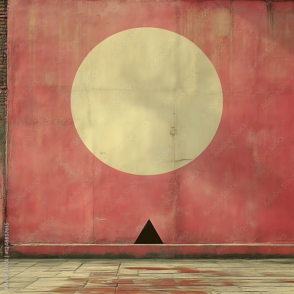 Poster abstract geometrical composition with a large circle and small triangle on a red background