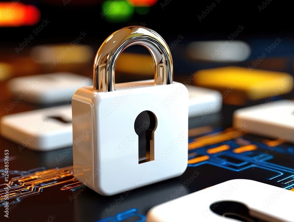 Poster shiny padlock on dark digital background representing cybersecurity and data protection concept in m