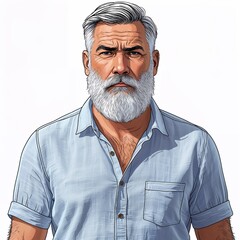 A middle aged man serious with a full beard wearing a summer linen button up shirt in a simple hand drawing flat line design