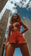 Woman in red and white checkered swimsuit posing in urban setting with copy space for fashion photography