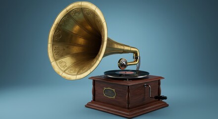 Vintage Gramophone Illustration with Wooden Base and Golden Horn on Blue Background - Retro Music Concept For Decor and Collectors