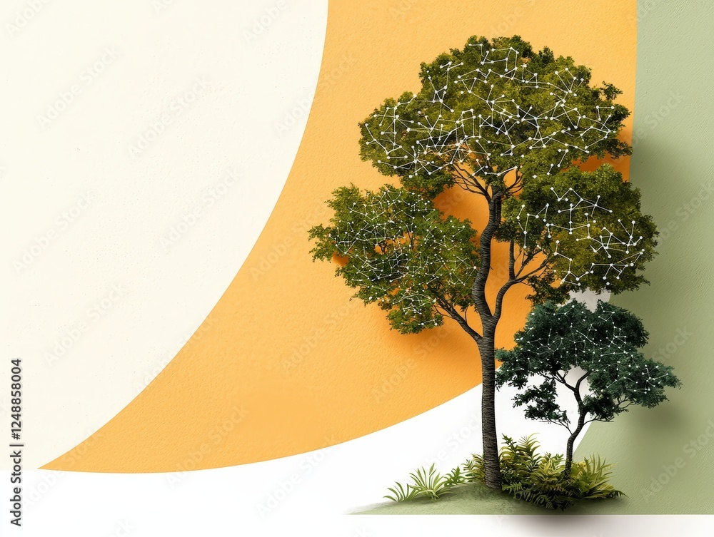 Poster creative representation of a tree with network connections on colorful background for nature and tec