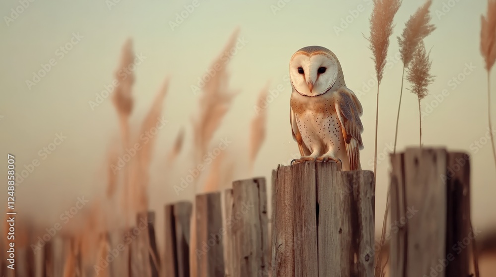 Poster beautiful barn owl perched on a weathered wooden fence post, with soft, blurred reeds in the backgro