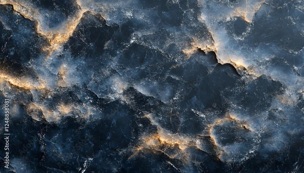 Poster intricate textures and patterns of a slab presenting a dark, rich palette, highlighted with veins of