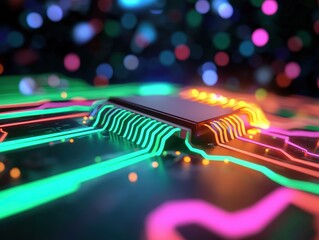 Colorful Electronic Circuit Board with Vibrant Light Effects and a Central Microchip on a Technology Background