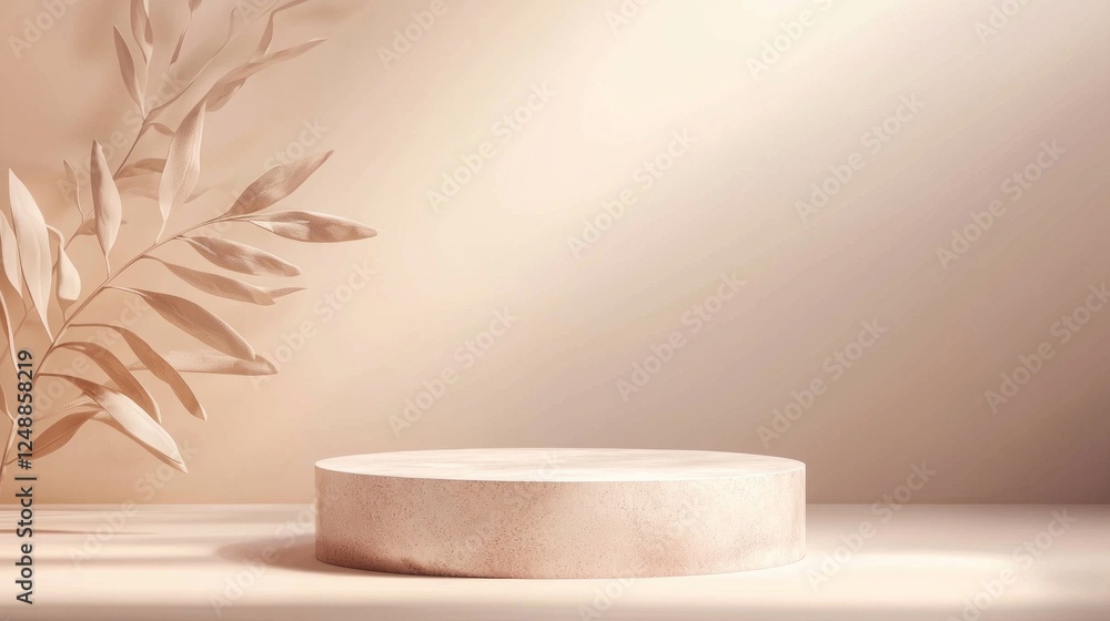 Poster A minimalist 3D rendering features a smooth podium with a subtle beige background, perfect for displaying cosmetic items in a chic and stylish manner, ideal for marketing and promotional use
