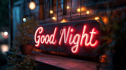 A glowing 'Good Night' neon sign adorns a cozy outdoor space, surrounded by tranquil ambiance and warm, inviting lights. Perfect for conveying relaxation and evening charm.