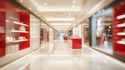 Sleek retail space showcasing high-end goods with vibrant red accents and pristine white flooring creating an inviting and luxurious shopping experience